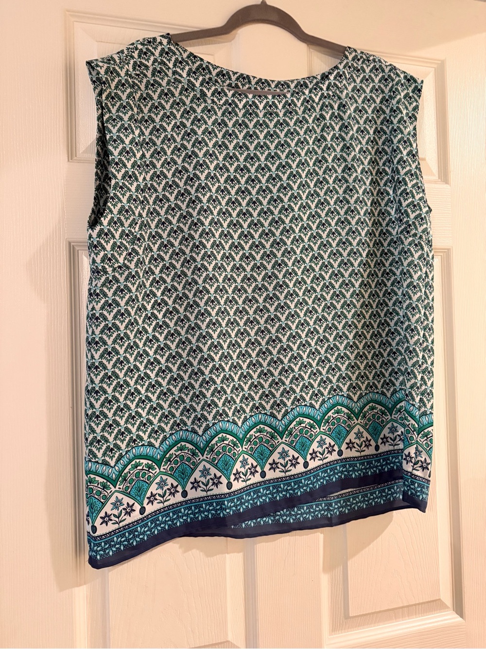 Ann Taylor Factory Teal & Navy Patterned Sleeveless Blouse